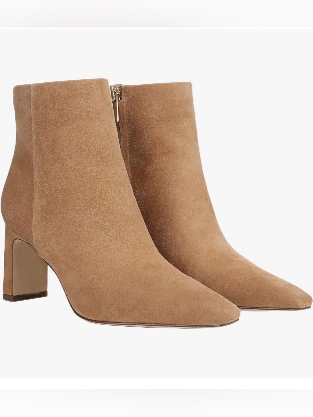New In Box Classic Suede Ankle Booties with Block Heel in Camel